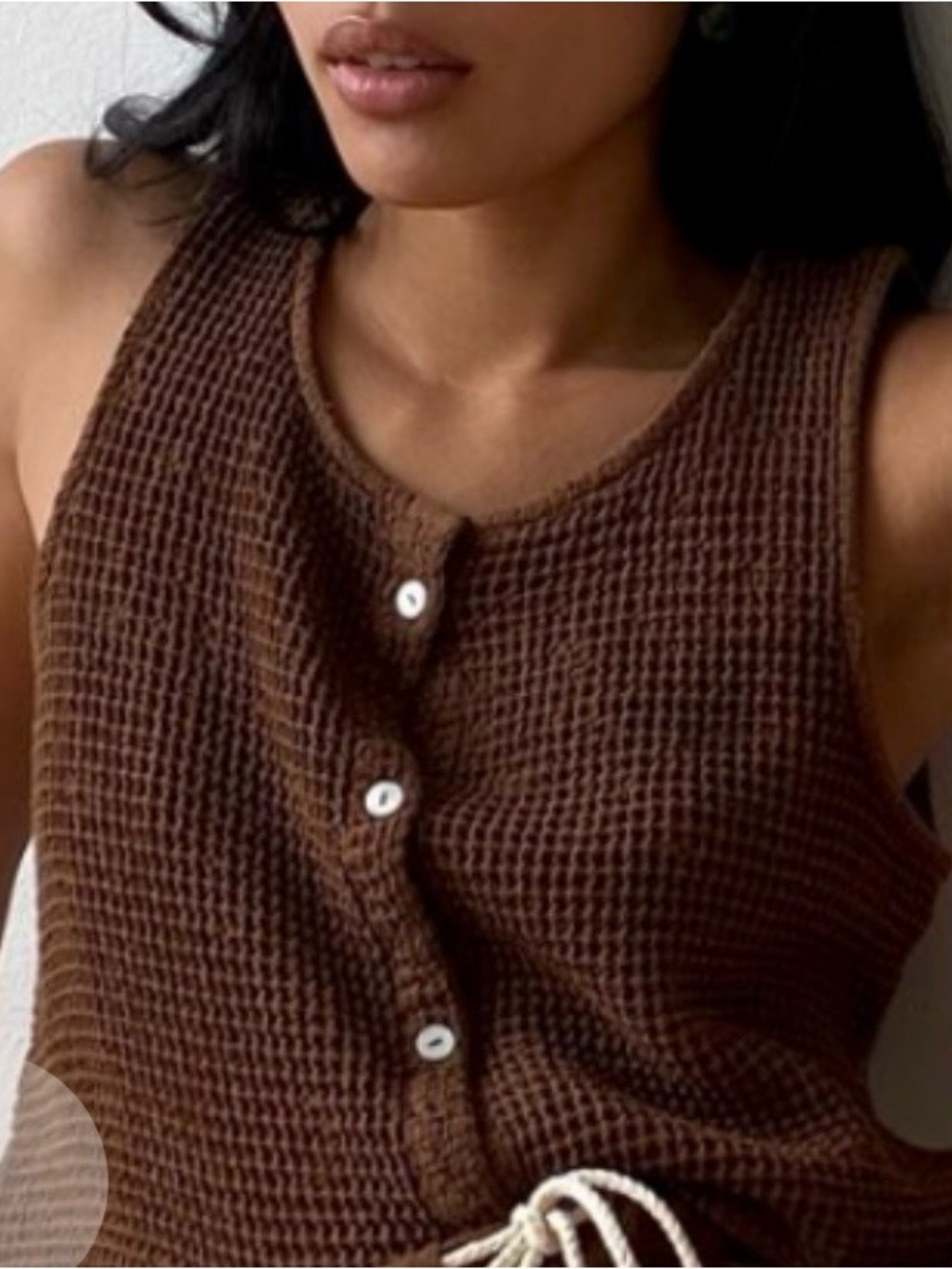 DONNI. Chocolate Brown Waffle Knit Button Tank